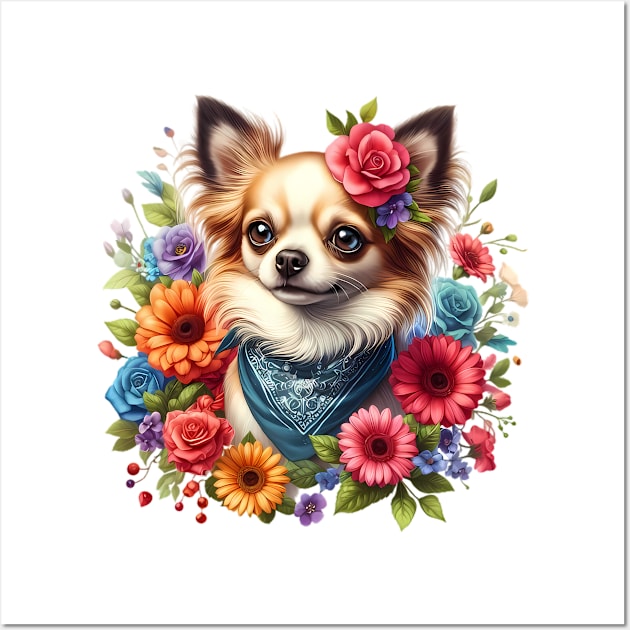 A chihuahua with beautiful colorful flowers Wall Art by CreativeSparkzz